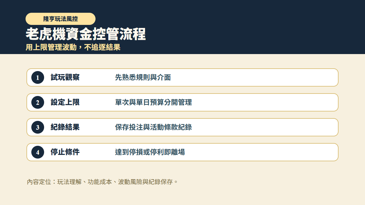 老虎機資金控管流程圖，包含試玩觀察、設定上限、紀錄結果與停止條件