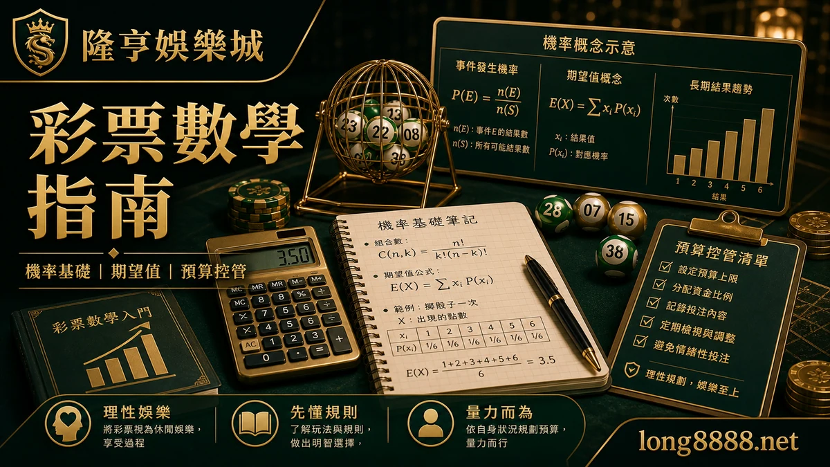 隆亨娛樂城 彩票數學指南 GPT IMAGE2 圖卡，左上品牌、右下網址，說明機率基礎、期望值與預算控管。