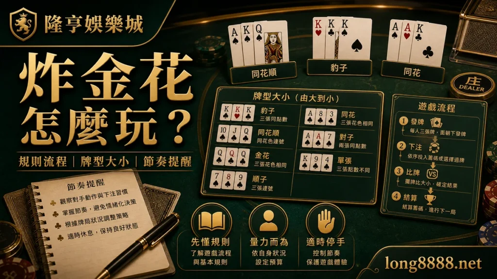 隆亨娛樂城 炸金花怎麼玩 GPT IMAGE2 圖卡，左上品牌、右下網址，說明規則流程、牌型大小與節奏提醒。