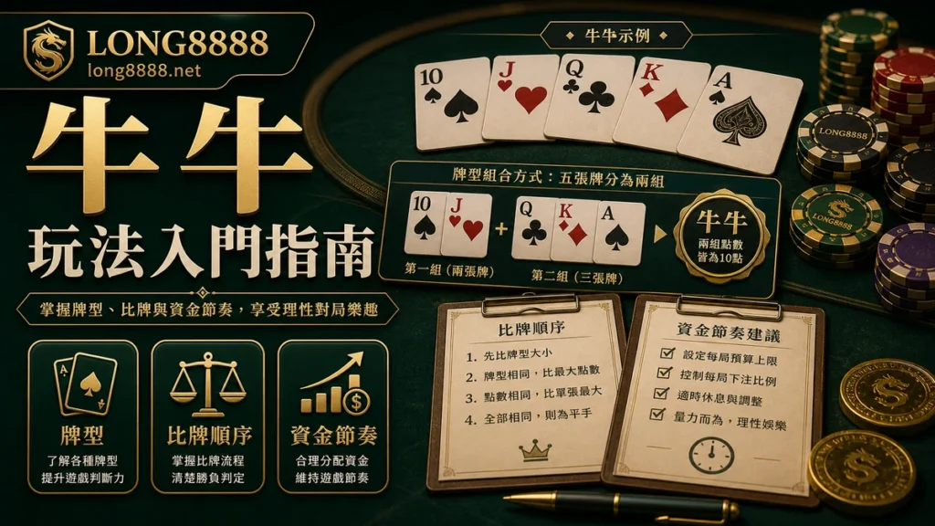 LONG8888 牛牛玩法入門指南 GPT IMAGE2 圖卡，呈現牌型比較、回合流程與預算提醒。