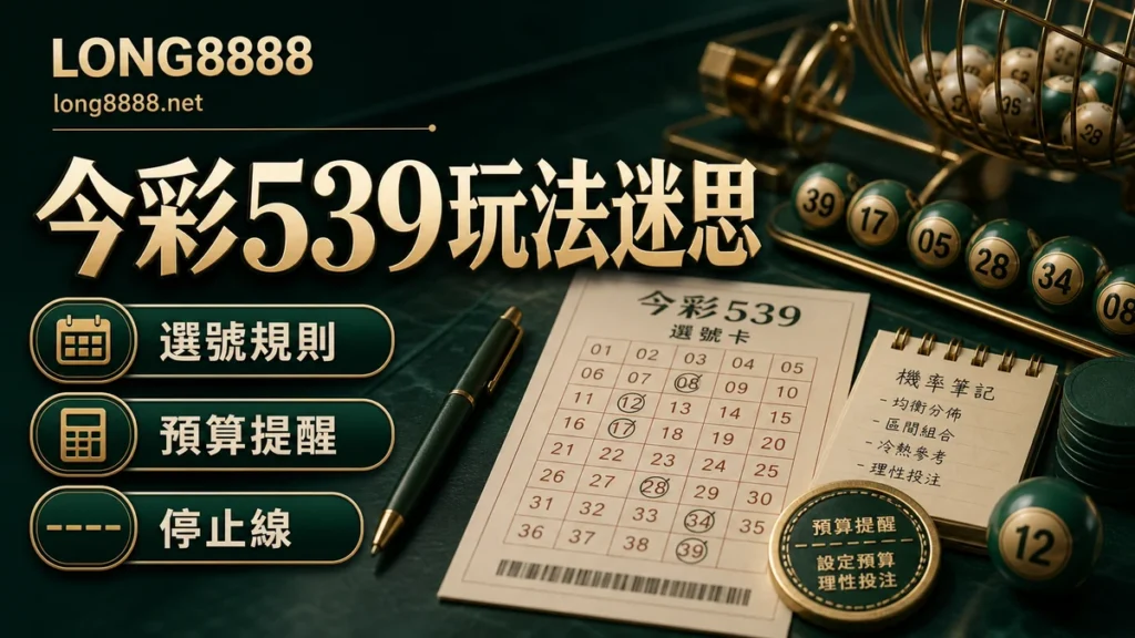 今彩539玩法迷思圖文封面,包含選號規則、預算提醒與停止線