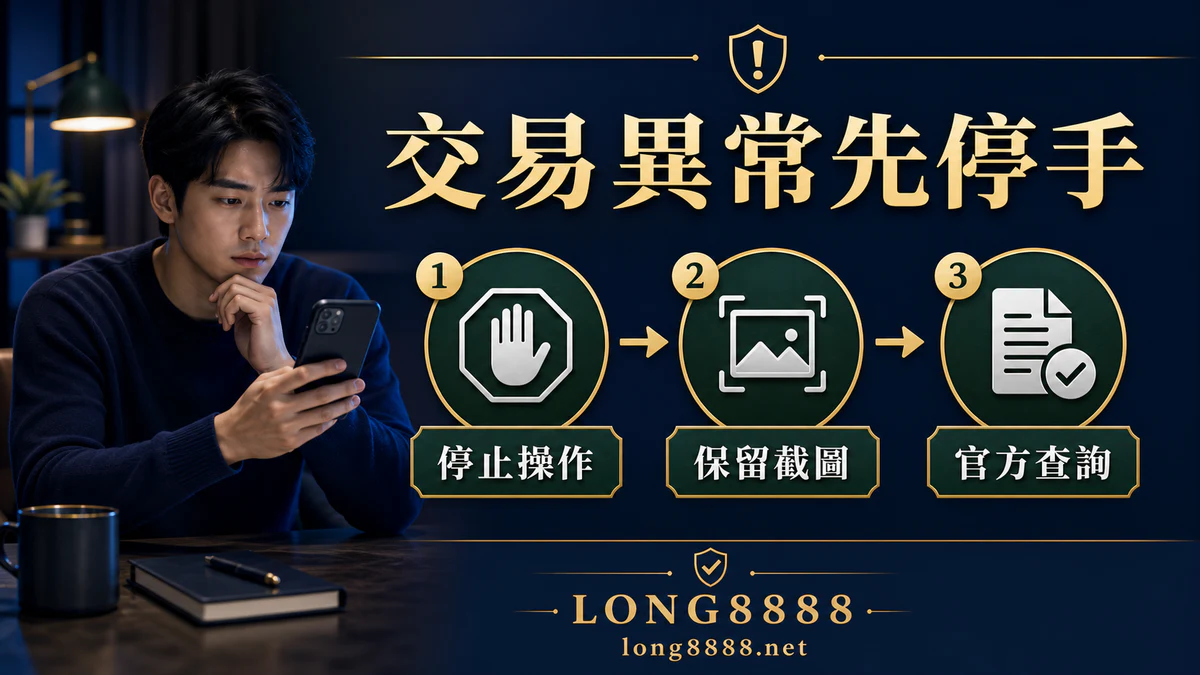 交易異常時停止操作、保留截圖並透過官方管道查詢的三步驟圖