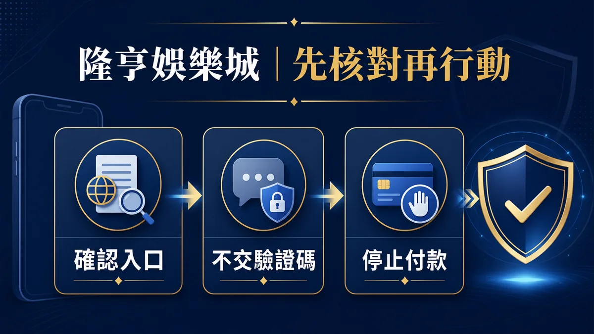 隆亨娛樂城防詐檢核圖：確認入口、不交驗證碼、停止付款