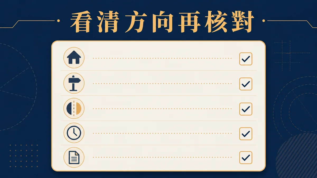 16:9 橫式繁體中文資訊插圖,一位讀者在手機旁核對主客、正負號、拆分、時間與例外條款五個欄位;文字烘焙為「看清方向再核對」,深藍、米白、暖金配色,無平台標誌、無投注指令、無結果承諾。