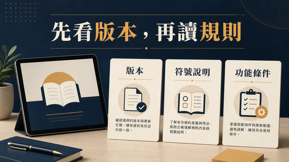 讀者在平板上核對電子遊戲的版本、符號說明與功能條件