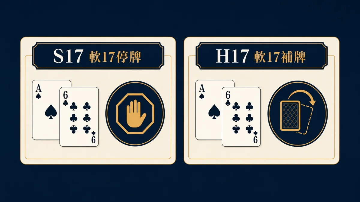16:9 橫式繁體中文資訊插圖，一張21點規則卡清楚並列「S17 軟17停牌」與「H17 軟17補牌」，旁有 A 加 6 的軟17示意；文字烘焙入圖，深藍、米白、暖金配色，無平台標誌、無行動建議、無結果承諾。