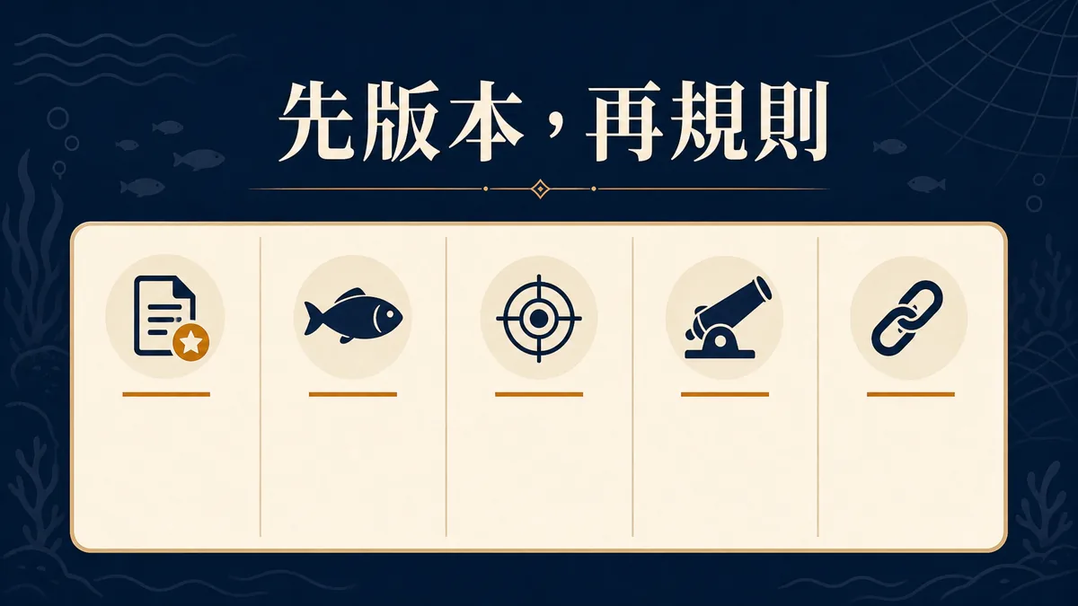 16:9 橫式繁體中文資訊插圖,捕魚機規則卡以版本、魚種、倍率、炮台、規則連結五欄排列,文字烘焙為「先版本,再規則」;深藍、米白、暖金配色,理性閱讀風格,無平台標誌、無結果承諾。