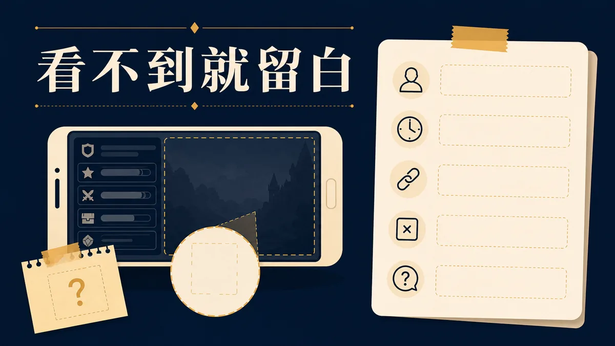 16:9 橫式繁體中文資訊插圖,手機旁有捕魚機房間卡,欄位為完整名稱、版本時間、規則連結、倍率欄位與待確認事項;文字烘焙為「看不到就留白」,深藍、米白、暖金配色,無平台標誌、無結果或成效承諾。