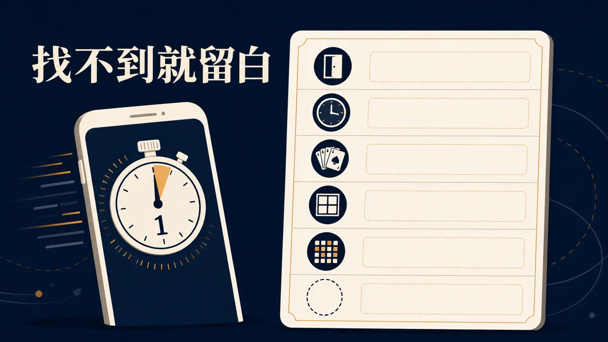 16:9 橫式繁體中文資訊插圖,手機旁有跑得快一分鐘核對卡,五格為完整名稱、版本時間、發牌、首輪、牌型,另有「找不到就留白」提醒;深藍、米白、暖金配色,無平台標誌、無出牌建議、無結果承諾。